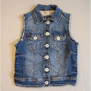AMETHYST‎ Button Down Sleeveless Blue Denim Distressed Jean Vest Girl's Size S